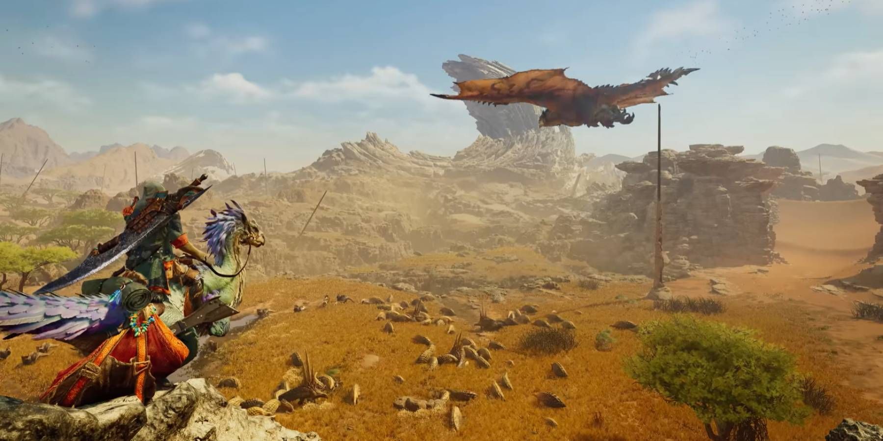 The hunter watching a wyvern fly at the end of Monster Hunter Wilds' reveal trailer