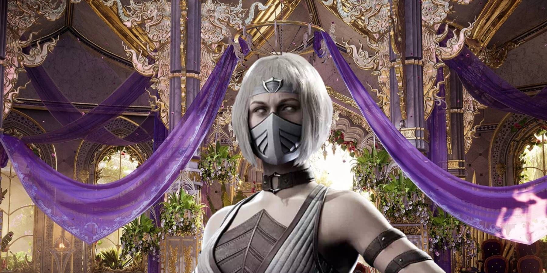 Khameleon surrounded by the Great Hall's decorations from Mortal Kombat 1