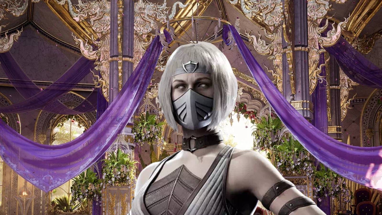 Khameleon surrounded by the Great Hall's decorations from Mortal Kombat 1