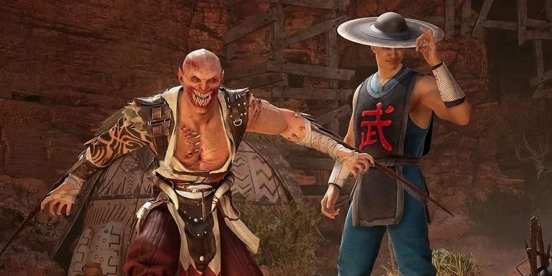 A screenshot of Baraka and the Kameo version of Kung Lao in Mortal Kombat 1.