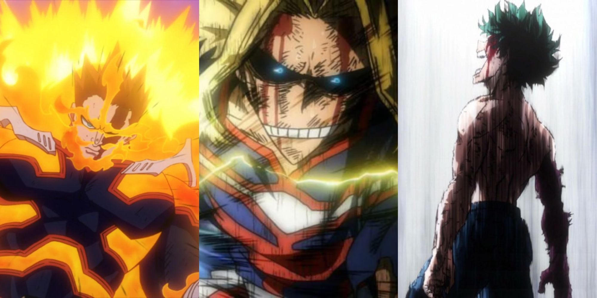 A collage of some iconic finishing moves in My Hero Academia: Endeavor's Prominence Burn, All Might's United States of Smash and Deku's Delaware Smash.