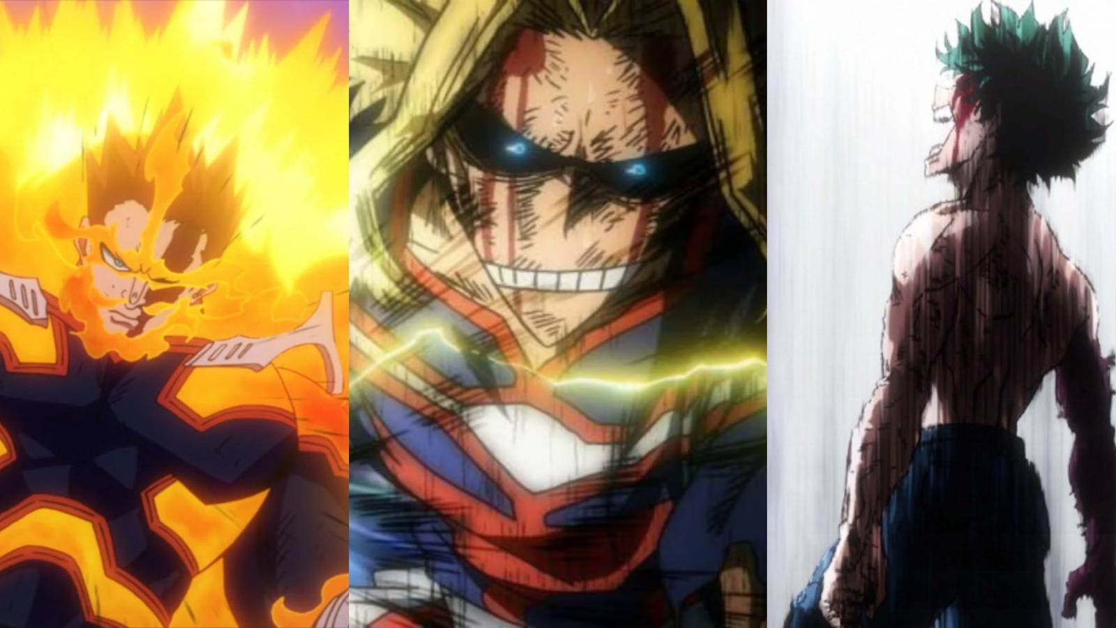 A collage of some iconic finishing moves in My Hero Academia: Endeavor's Prominence Burn, All Might's United States of Smash and Deku's Delaware Smash.