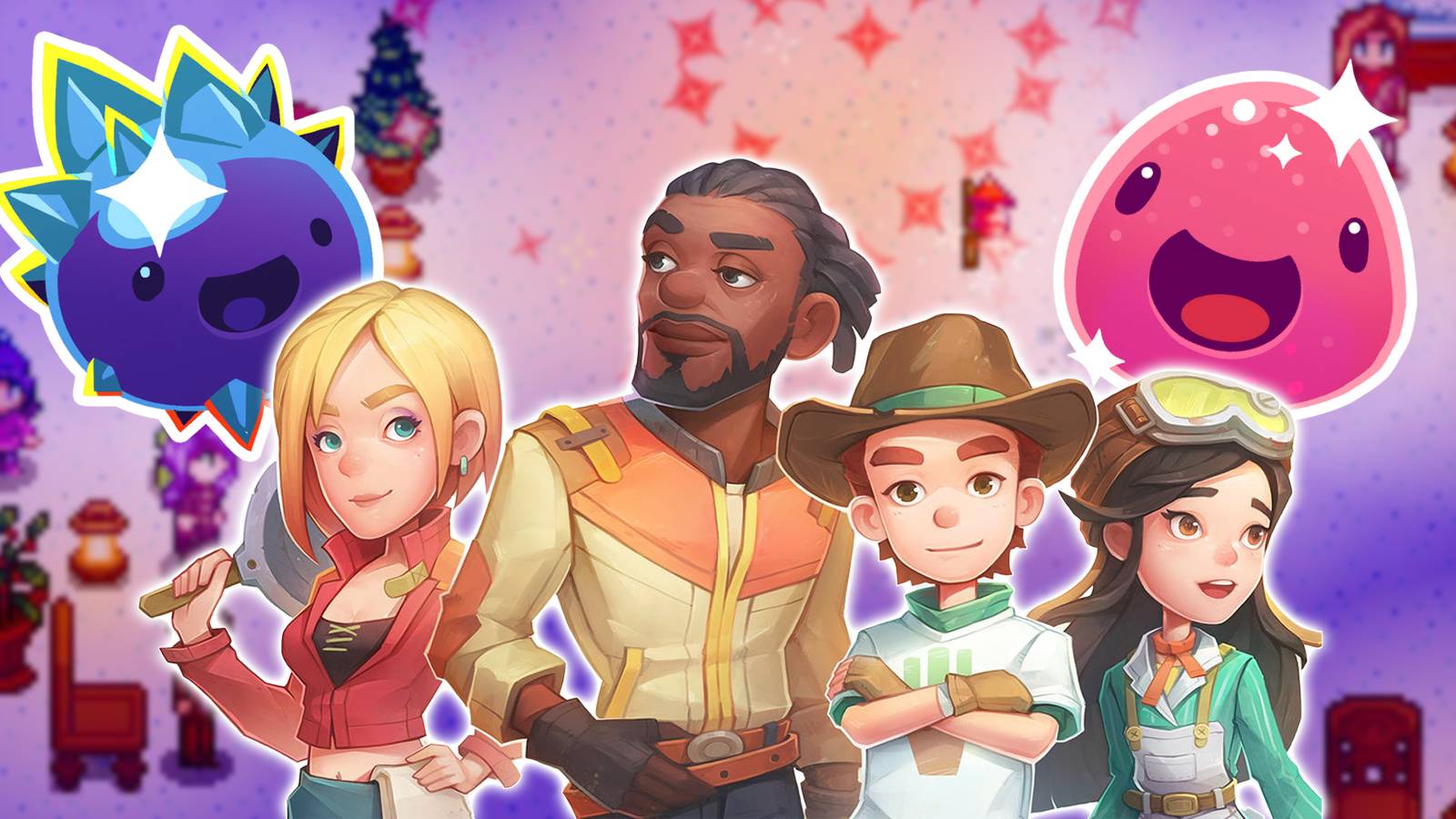 My Time At Sandrock cast in front of slimes from Slime Rancher