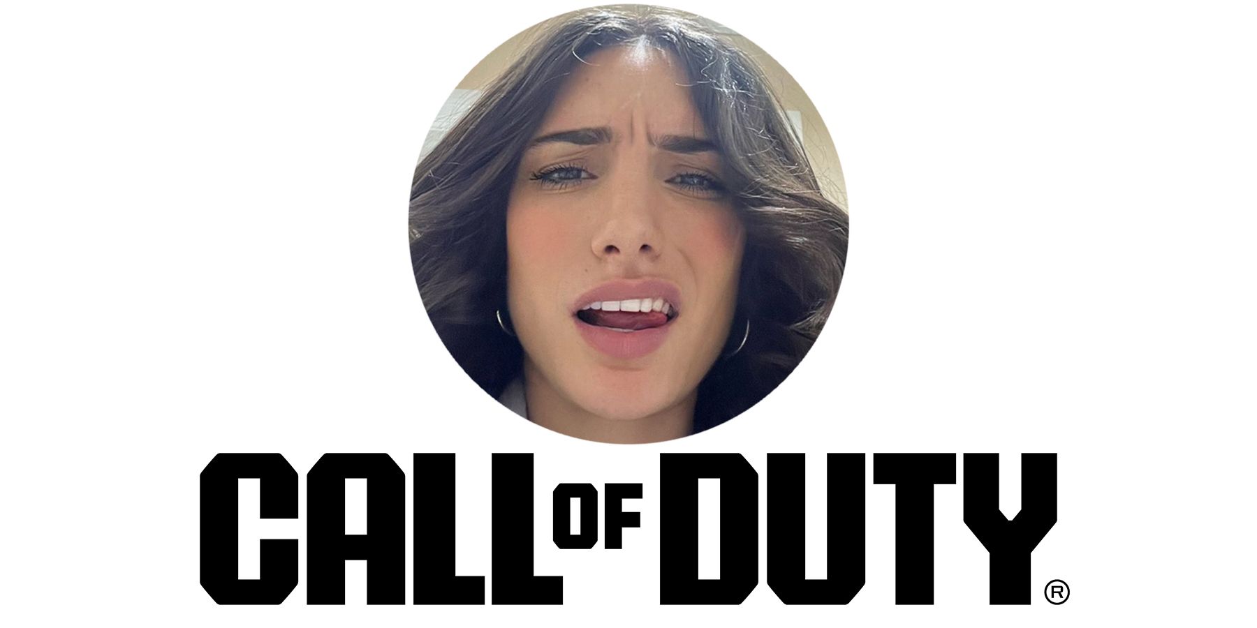 Nadia Amine looking displeased annoyed above Call of Duty series logo white background