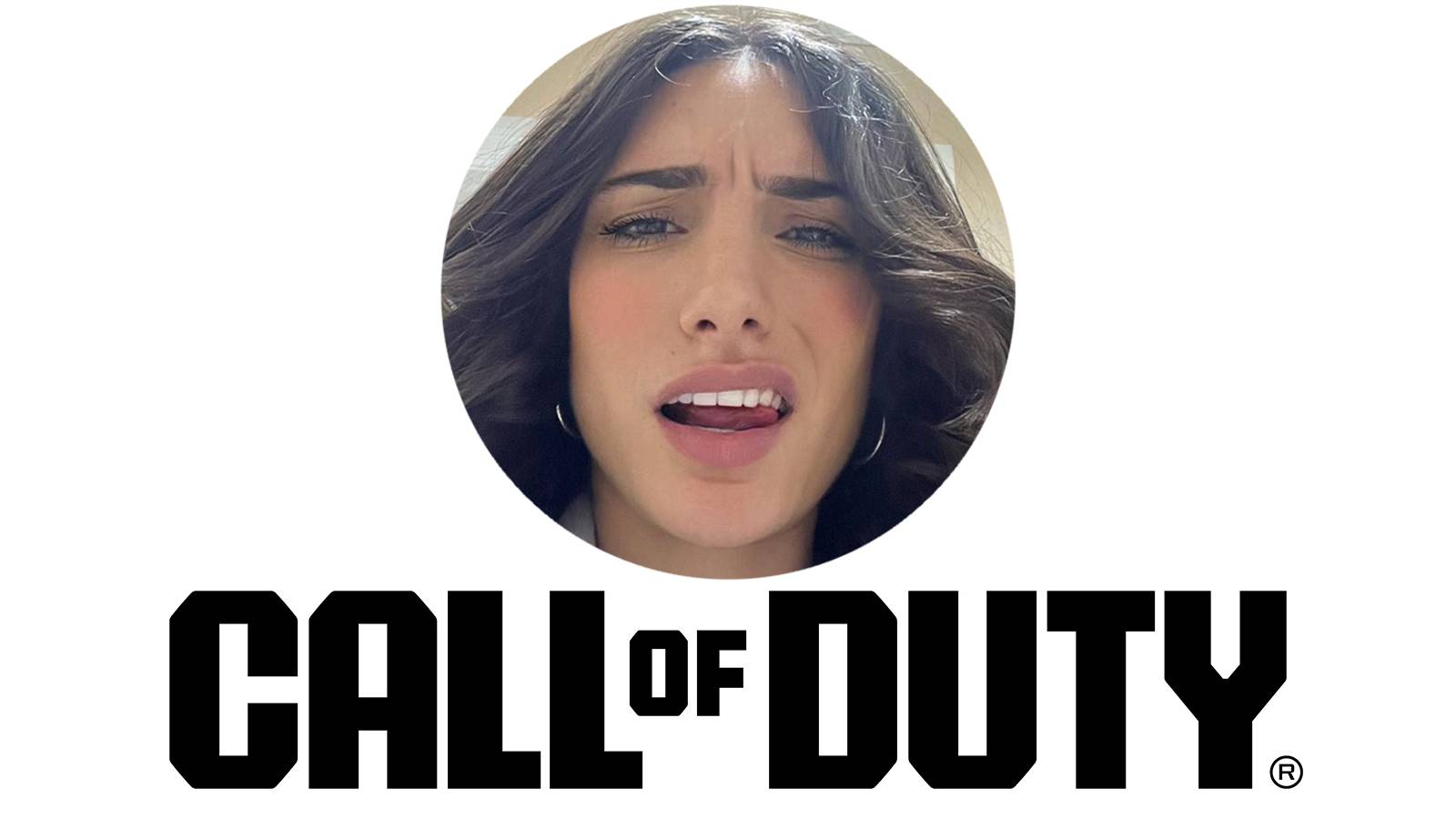 Nadia Amine looking displeased annoyed above Call of Duty series logo white background