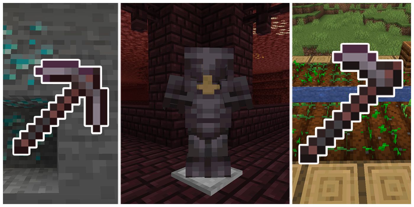 Netherite Pickaxe in front of diamond ore, Netherite armor, netherite hoe in front of a farm