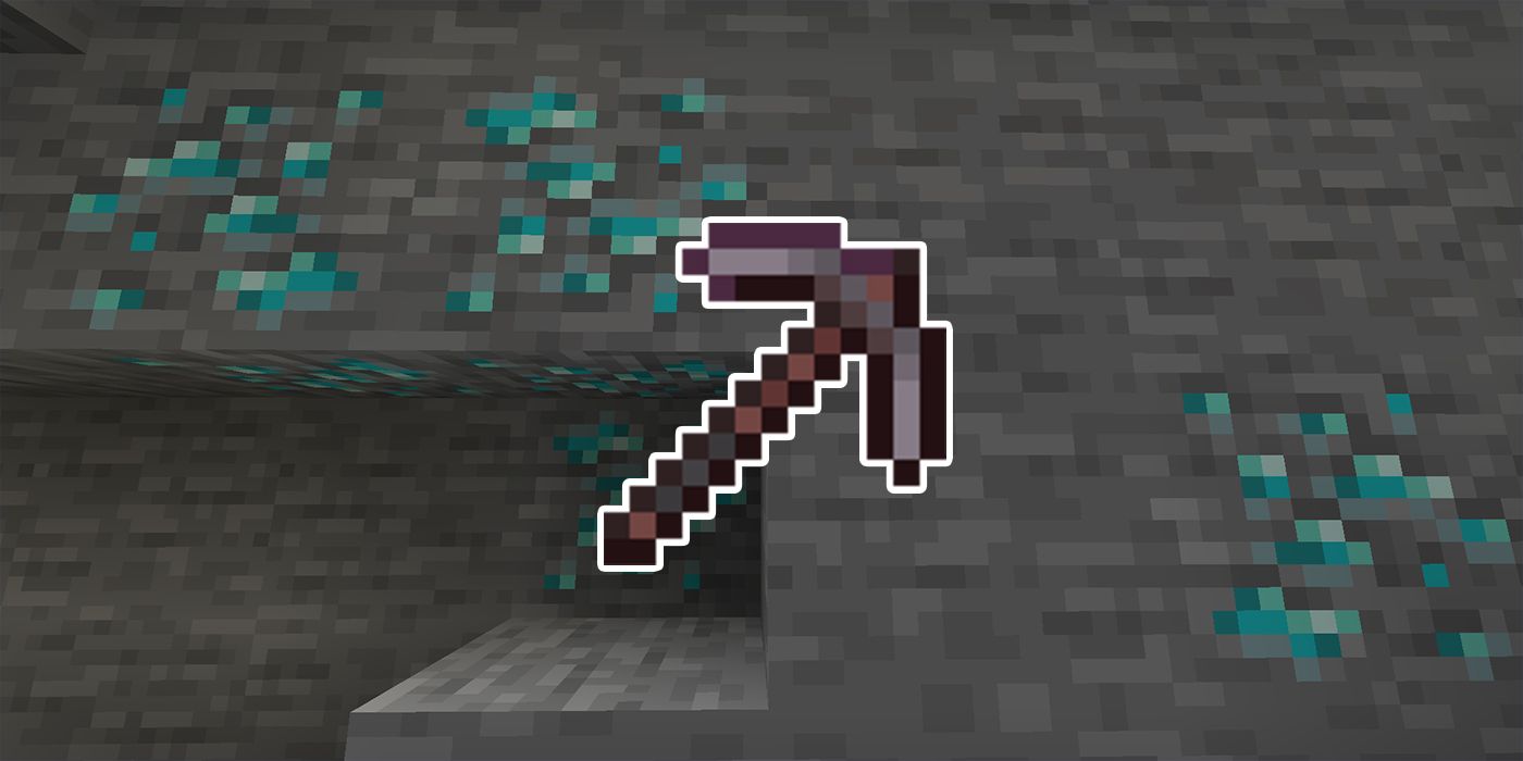 Netherite Pickaxe in front of diamond ore