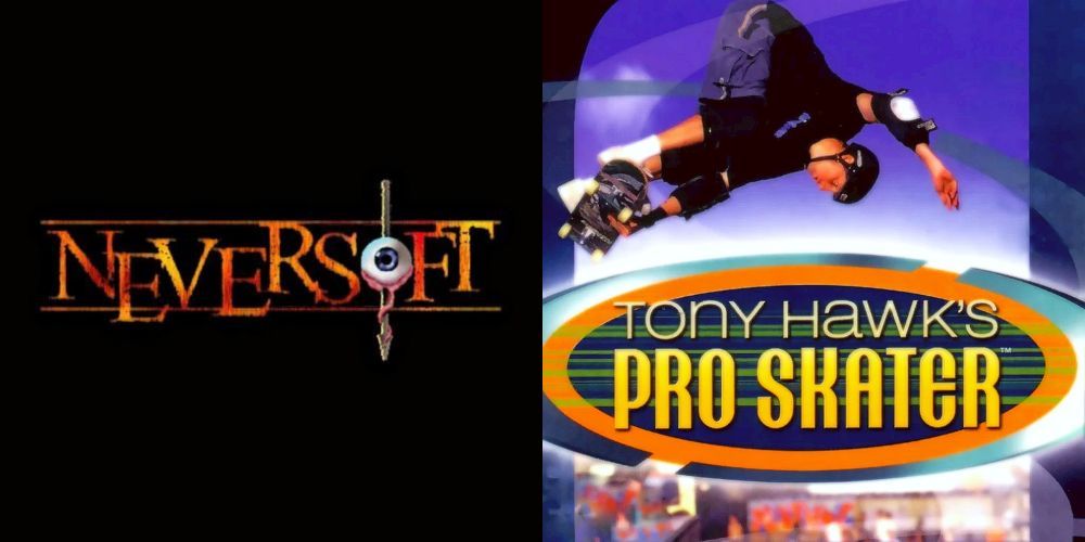 Neversoft's logo alongside their hit game, Tony Hawk's Pro Skater.