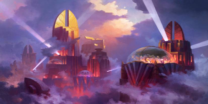 Art deco skyscrapers stand up above some clouds at the bottom of the image. Spotlights and the reflection of the sunset shine on them