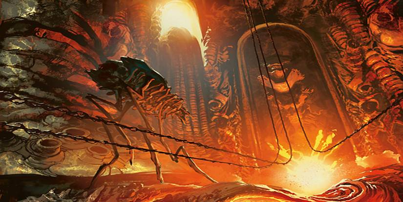 Lava illuminates the area with a giant bug-like creature walking over it towards a stone wall