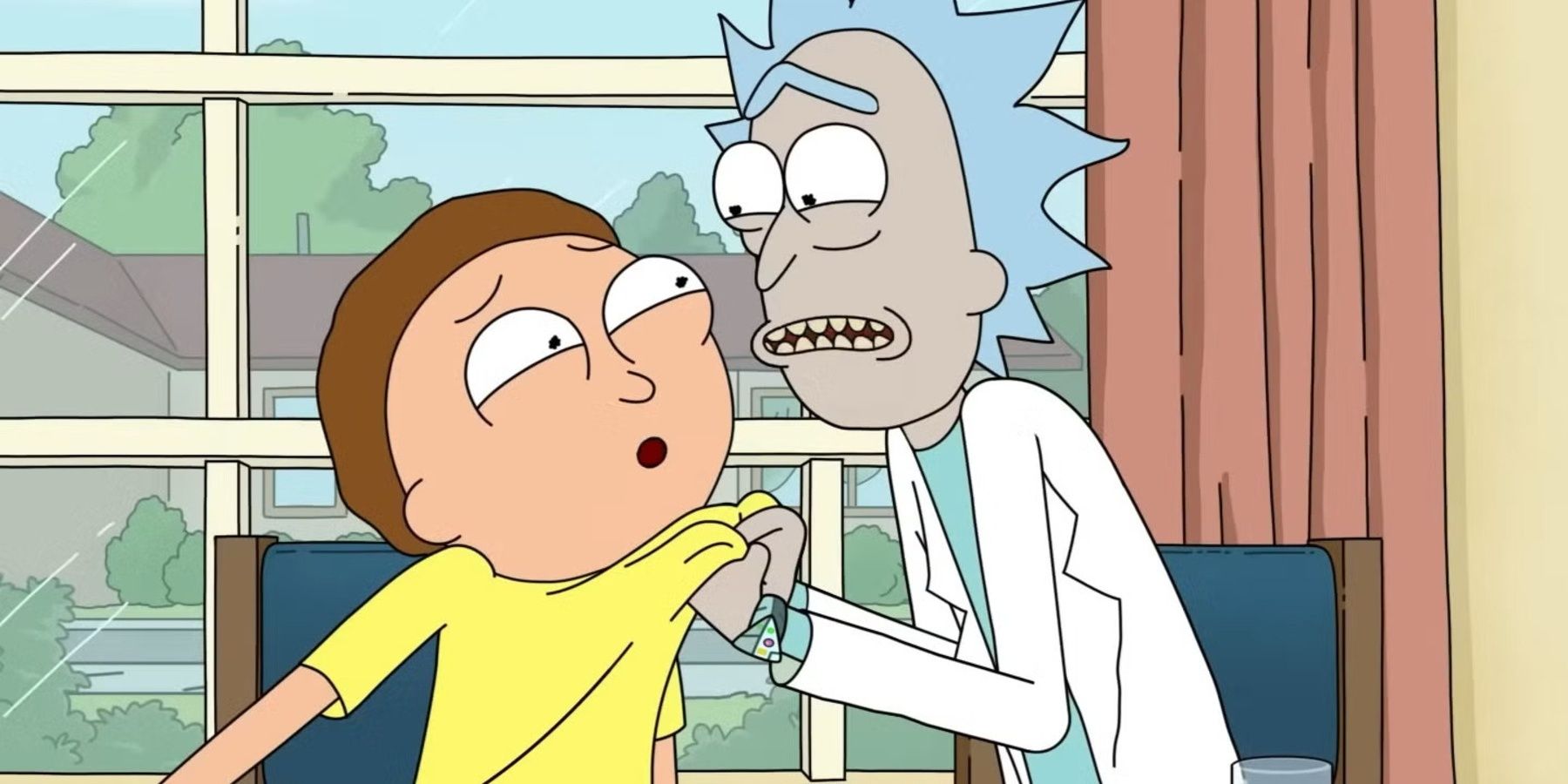 Rick Grabs Morty by his shirt in the Smith House