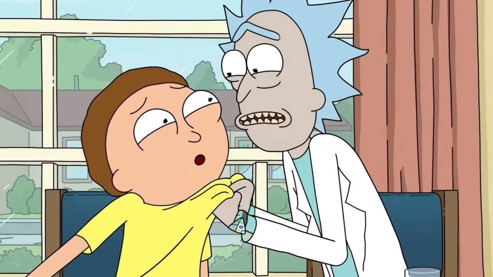 Rick Grabs Morty by his shirt in the Smith House