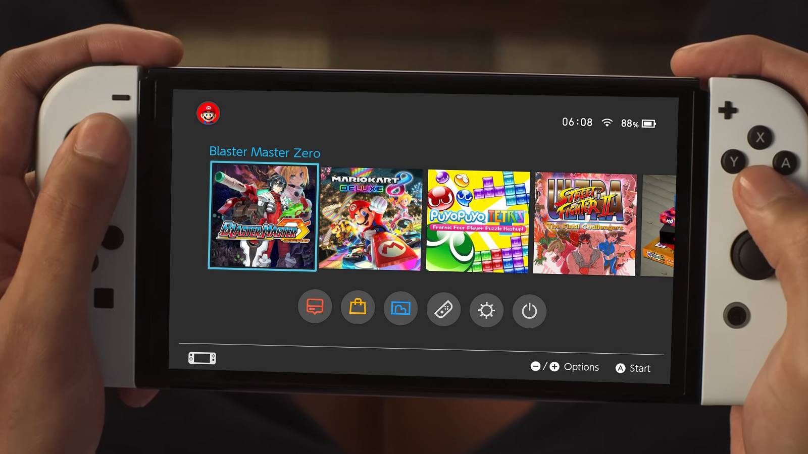 Nintendo Switch OLED Model dark UI theme composite handheld POV