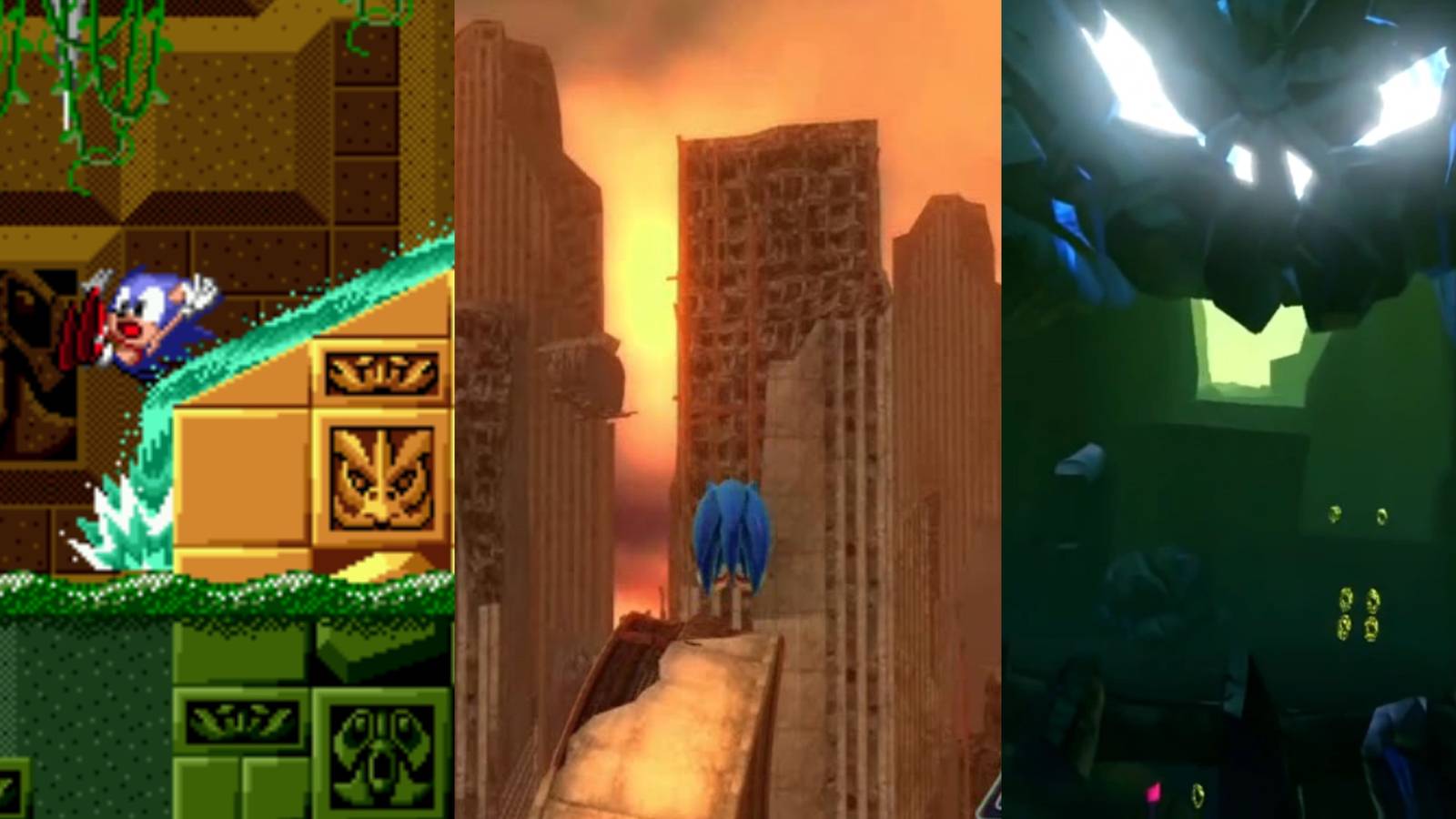 Screenshot of sonic slipping down a stream of water, staring at a dystopian world and rock formations looking like a scary face