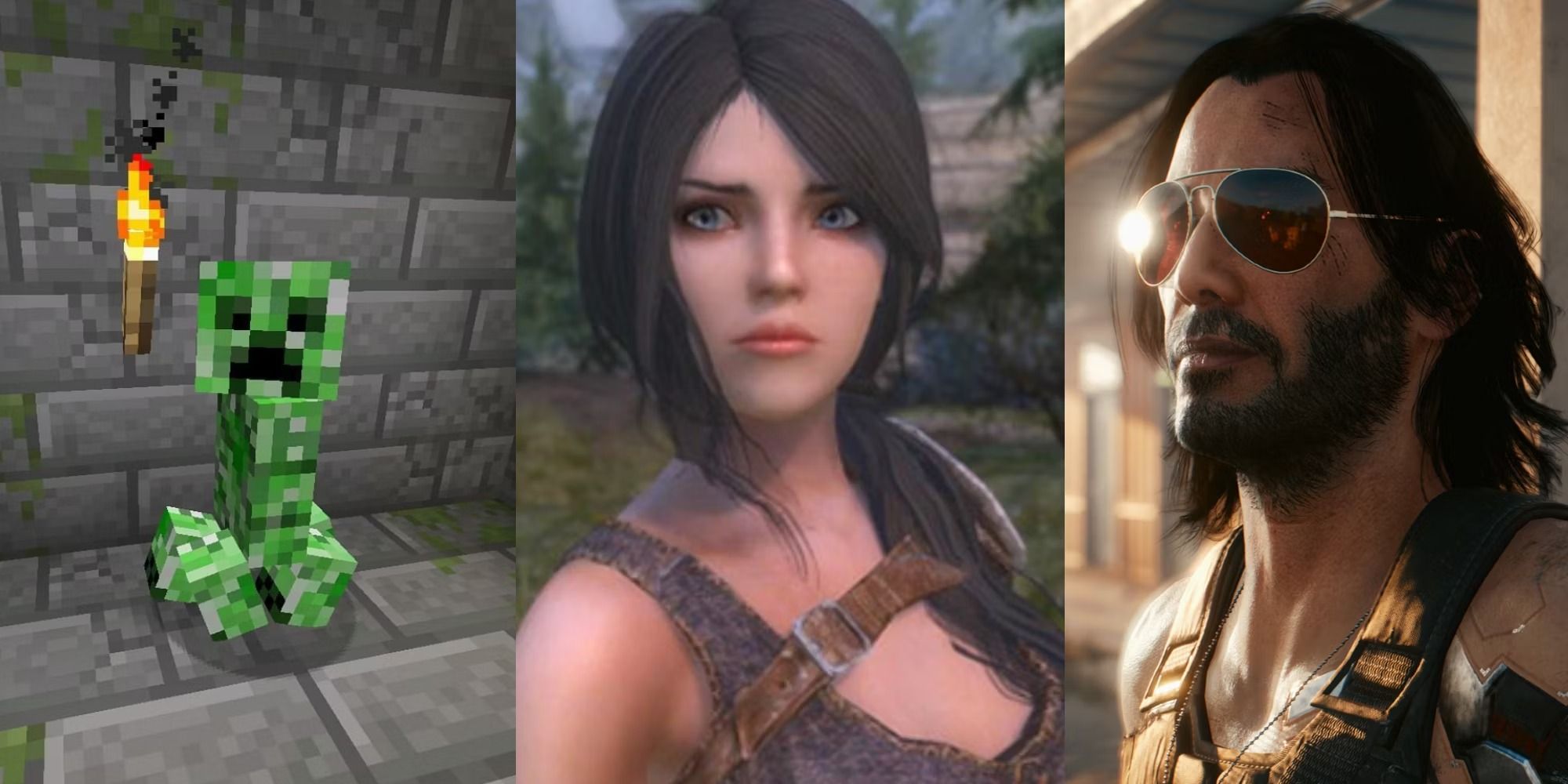 A Creeper in Minecraft; a female avatar in Skyrim; Keanu Reeves in Cyberpunk 2077