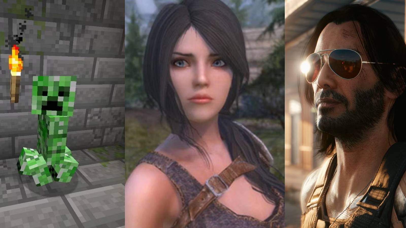 A Creeper in Minecraft; a female avatar in Skyrim; Keanu Reeves in Cyberpunk 2077