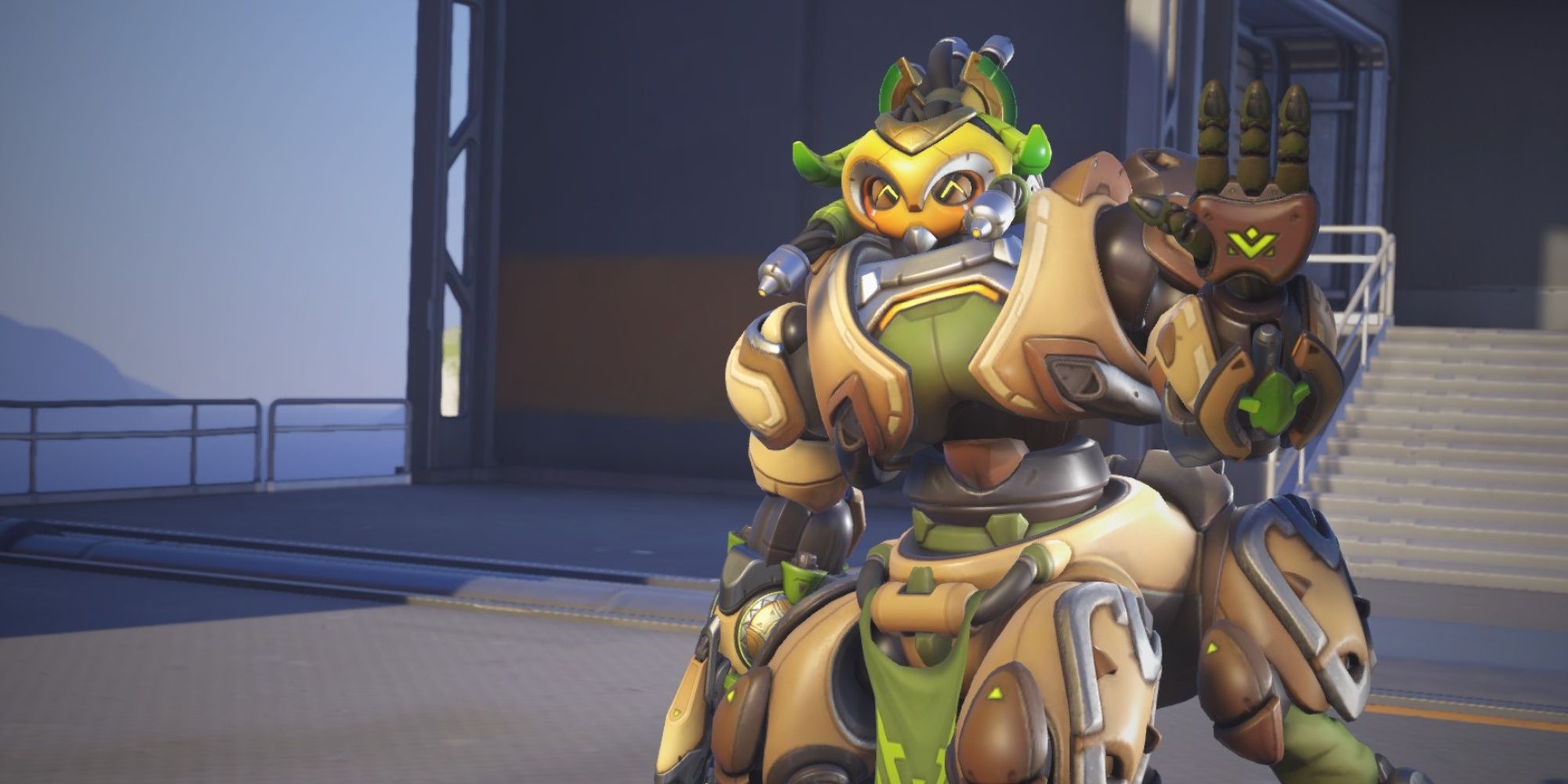 Orisa from Overwatch 2 waves at the camera.