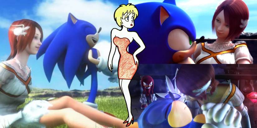 various screenshots of sonic and princess Elise, with abandoned concept art for the character "madonna" in the middle