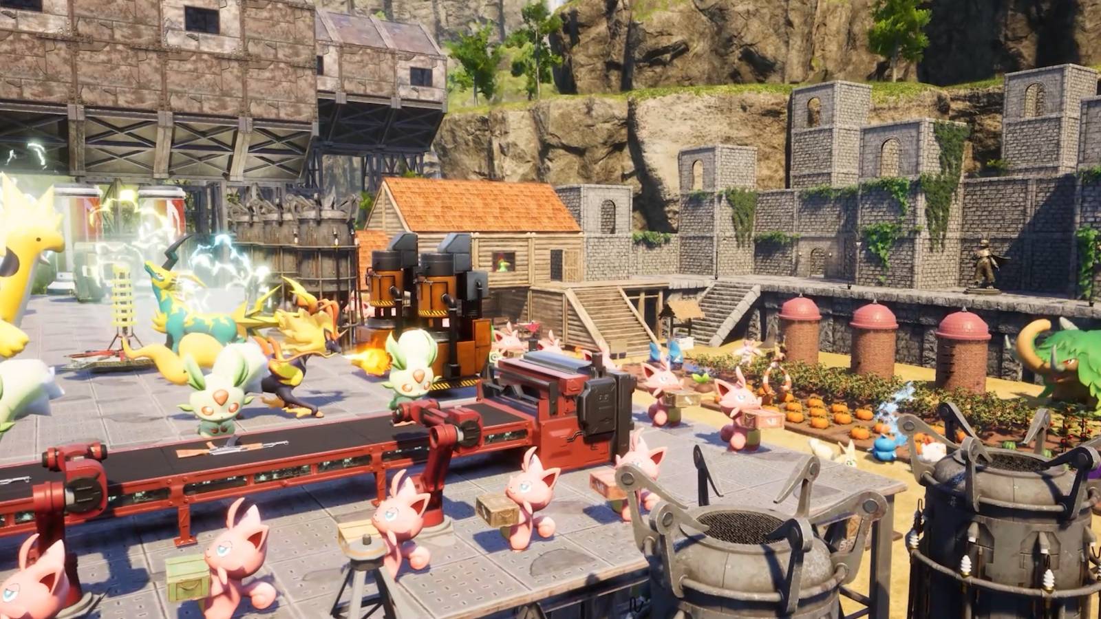 Palworld base with different Pals working