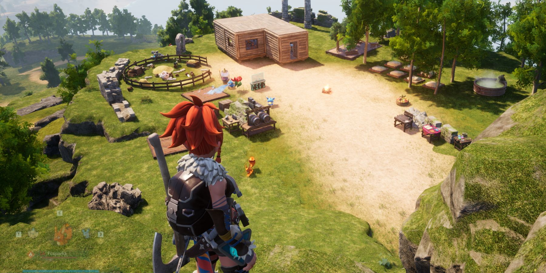 An in-game screenshot from Palworld showing a player's base camp with a wooden house and multiple Pal workstations.