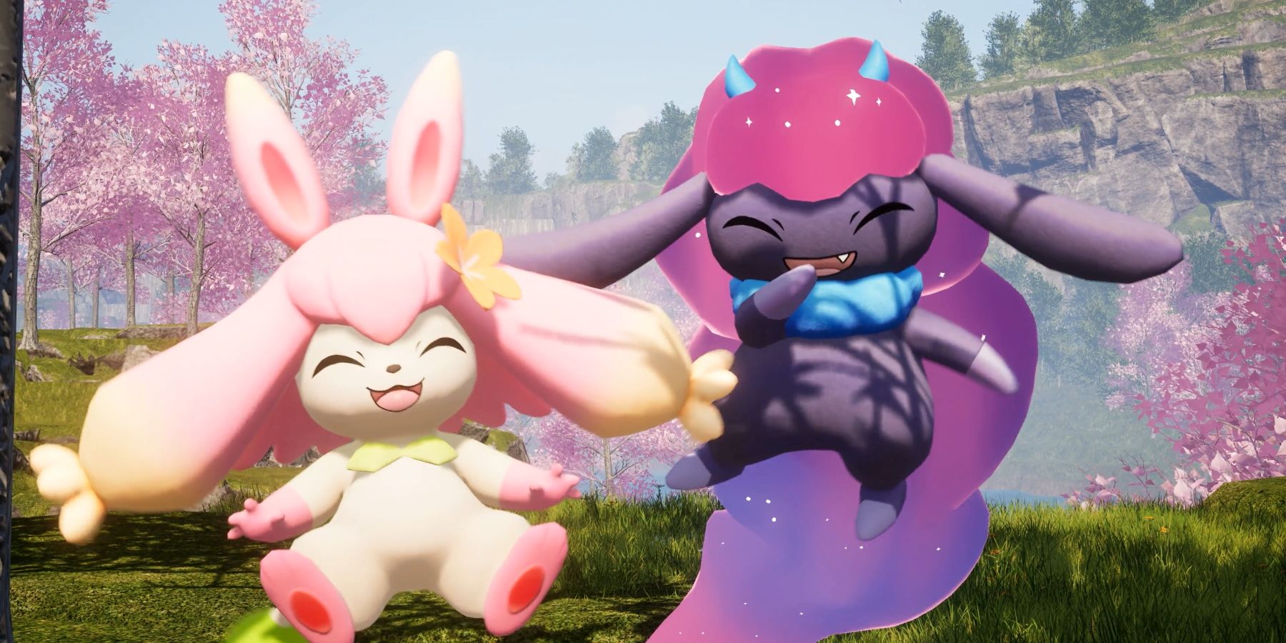 A screenshot from the video game Palworld. Two Pals, Flopie and Daedream, are depicted smiling and laughing