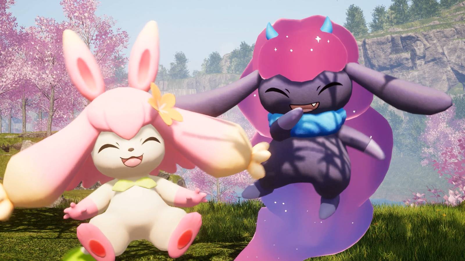 A screenshot from the video game Palworld. Two Pals, Flopie and Daedream, are depicted smiling and laughing