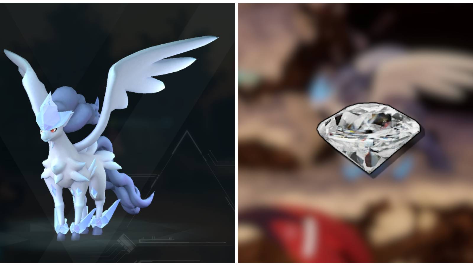 Split image of Frostallion in the Paldex and a Diamond icon from Palworld