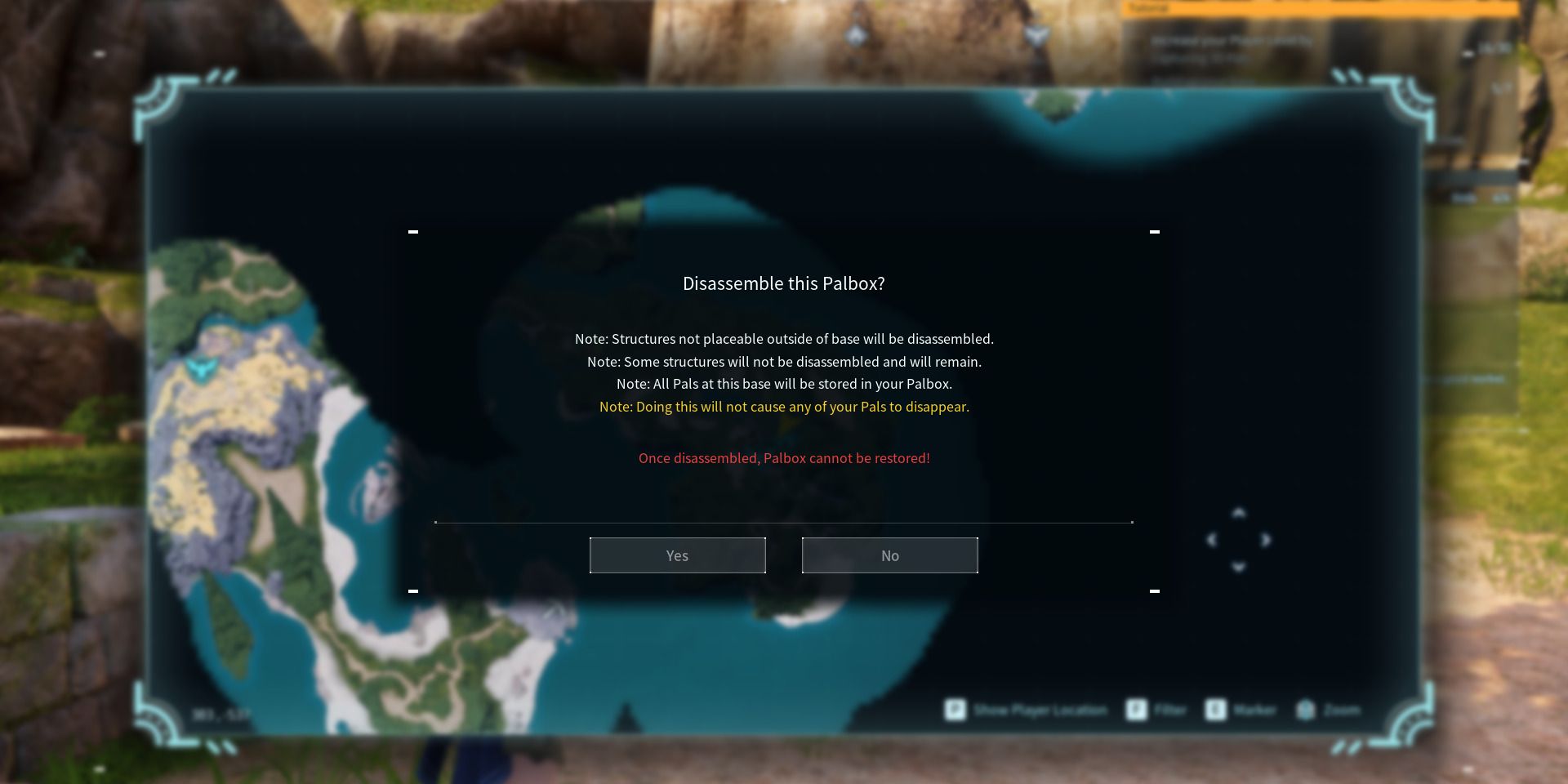 Image of the prompt that shows up after you choose to disassemble your base in Palworld
