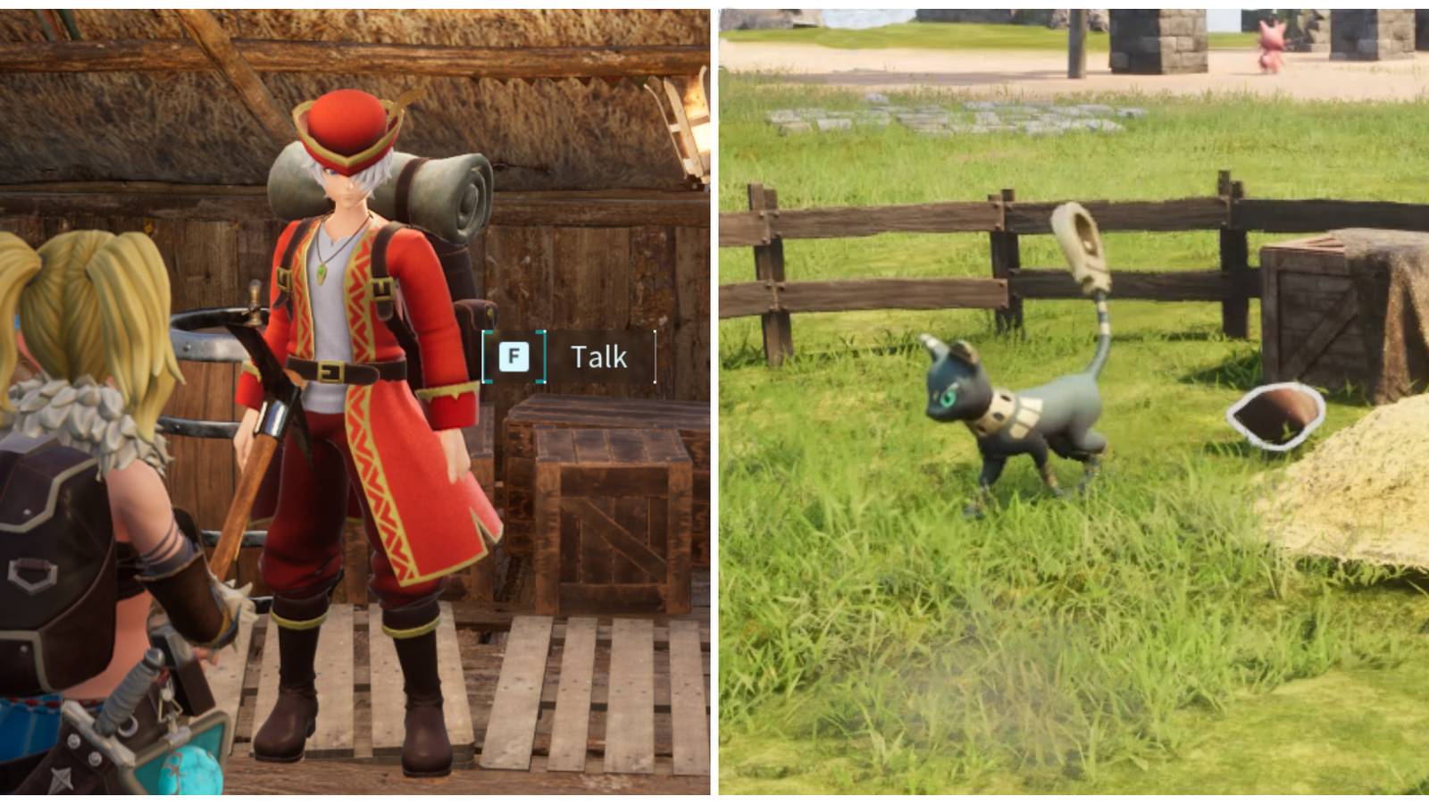 Split image of a merchant and a Mau dropping Gold Coins in Palworld