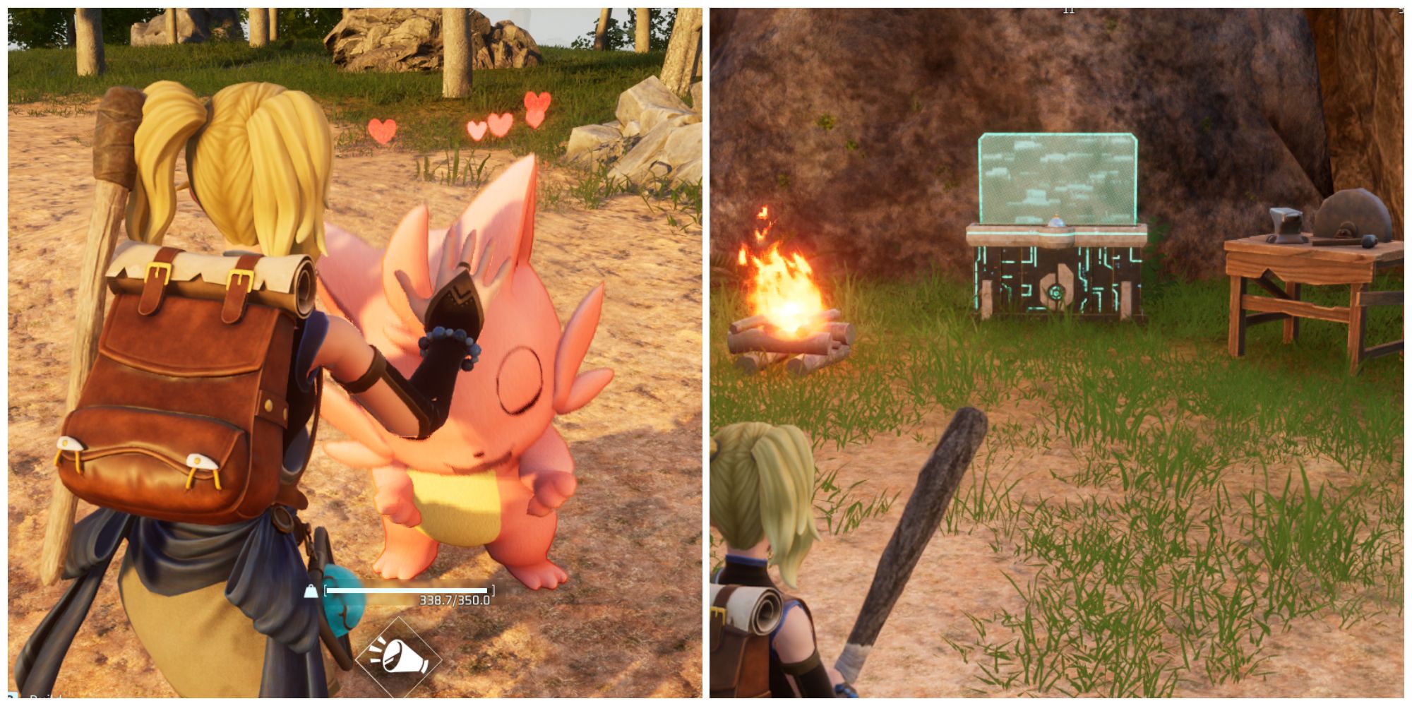 Split image of a Pal being pet and fed and a character in front of a Palbox in Palworld