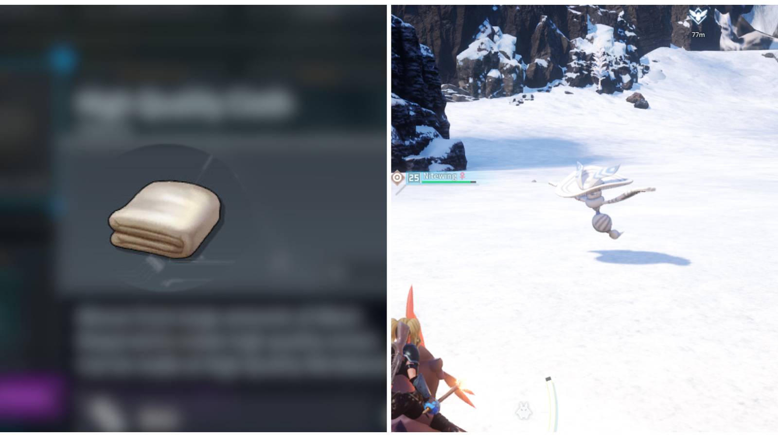 Split image of the icon for High Quality Cloth and a Sibelyx in the wild in Palworld