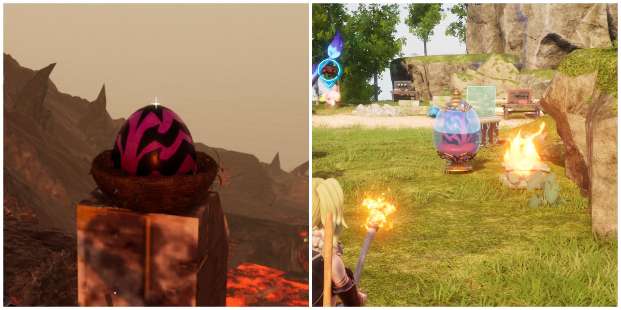 Split image of a Huge Dragon Egg found in the wild and a Huge Dragon Egg in an incubator in Palworld