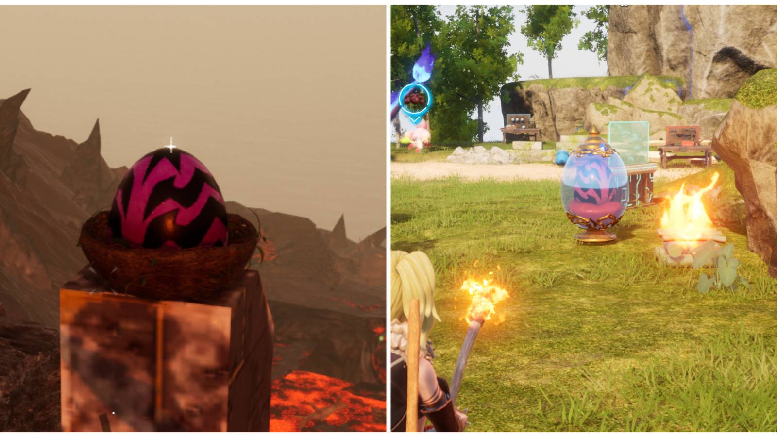 Split image of a Huge Dragon Egg found in the wild and a Huge Dragon Egg in an incubator in Palworld