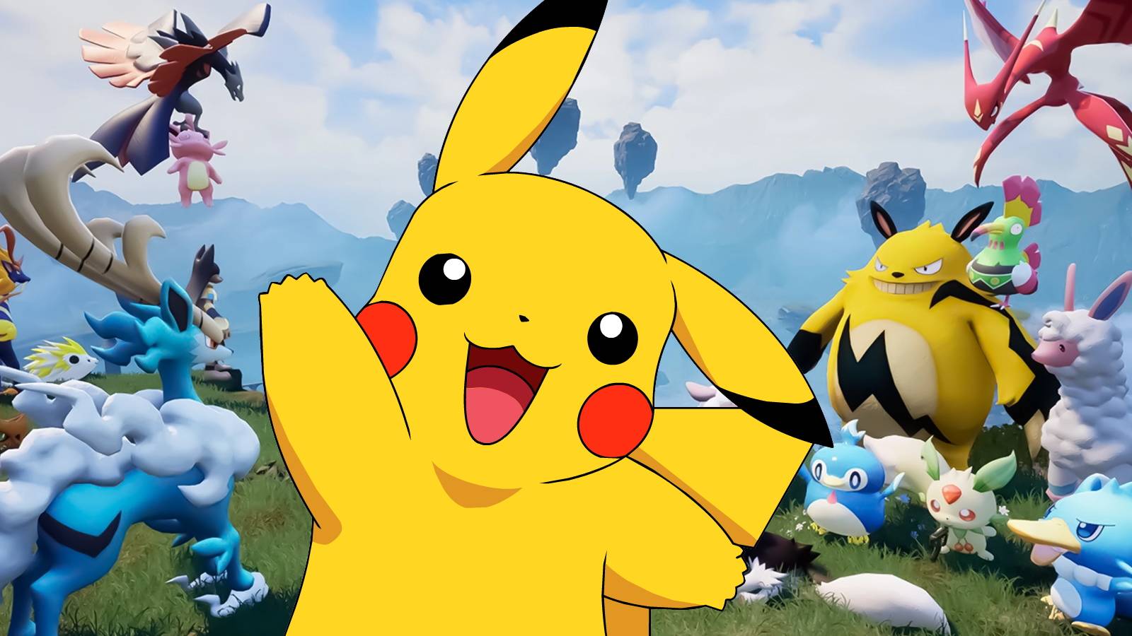 The key visual for Palworld overlayed with an image of Pokemon mascot Pikachu.