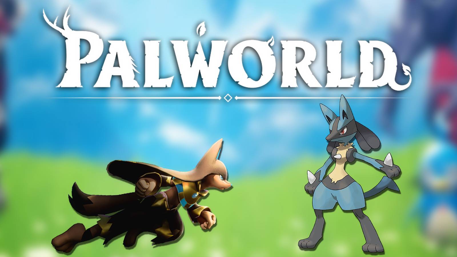 Palworld logo above Anubis and Lucario Pokemon composite