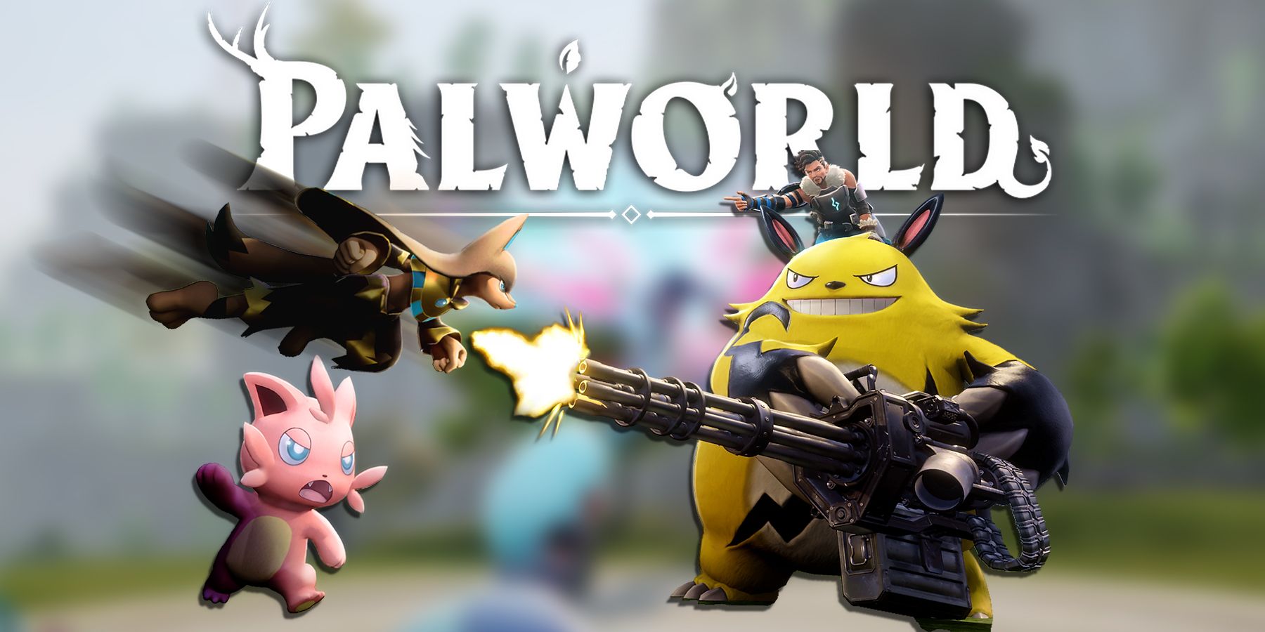 Palworld logo above monster fight illustration composite