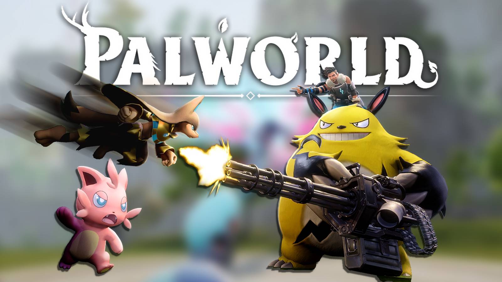 Palworld logo above monster fight illustration composite