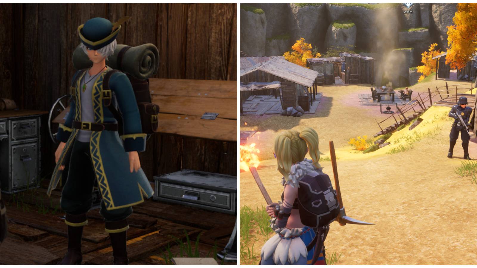 Split image of a Pal Merchant and the entrance to the Small Settlement in Palworld