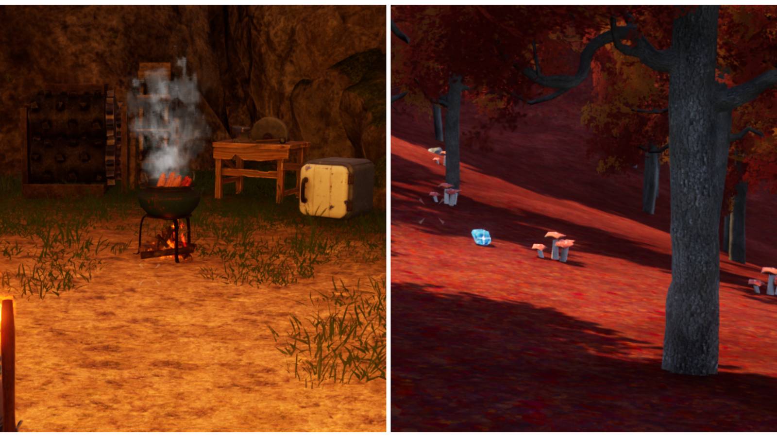 Split image of a Cooking Pot and a field of Mushrooms in Palworld