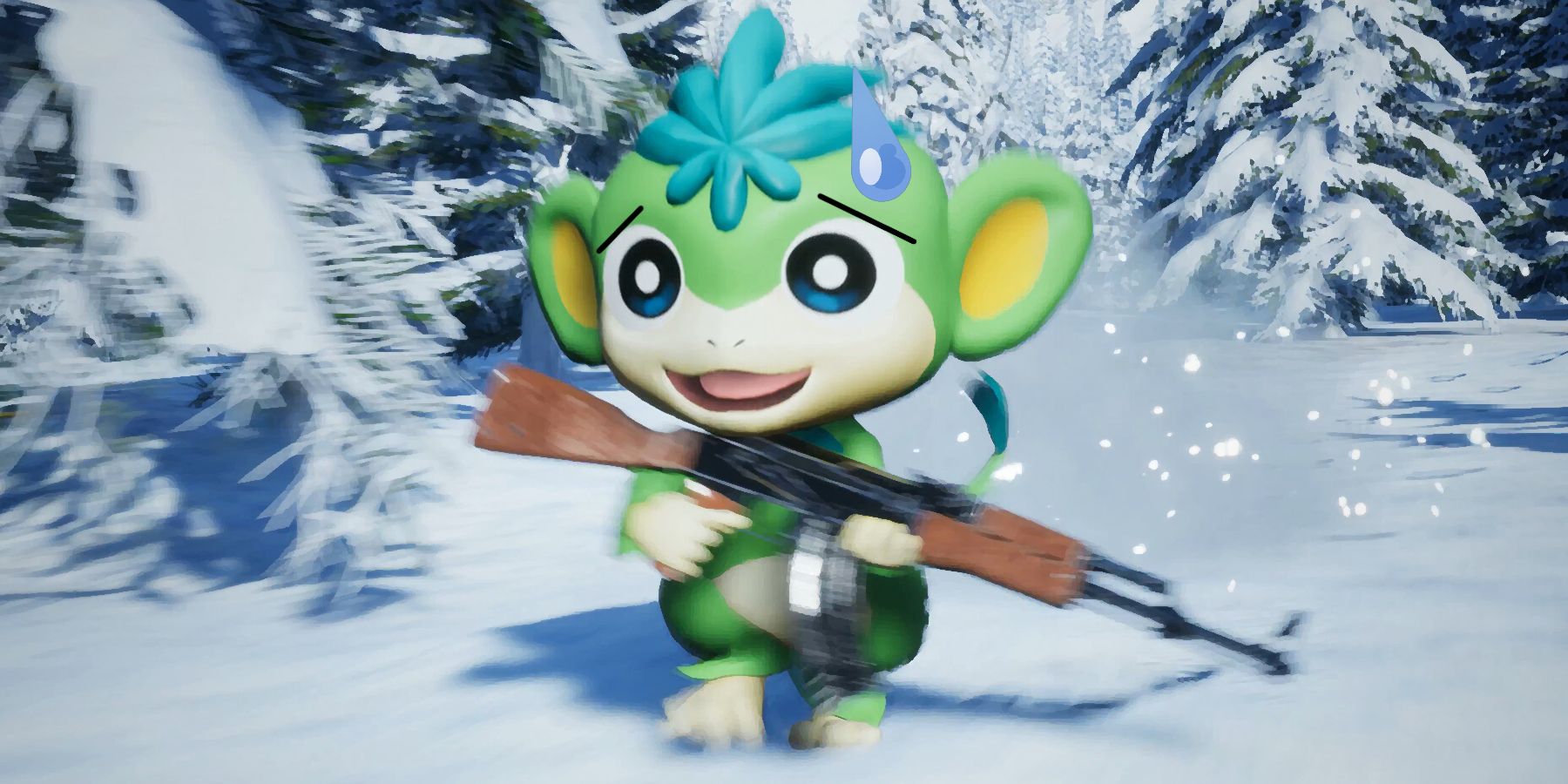 Palworld nerveux à la recherche d'un singe vert courant avec un AK47 dans la neige