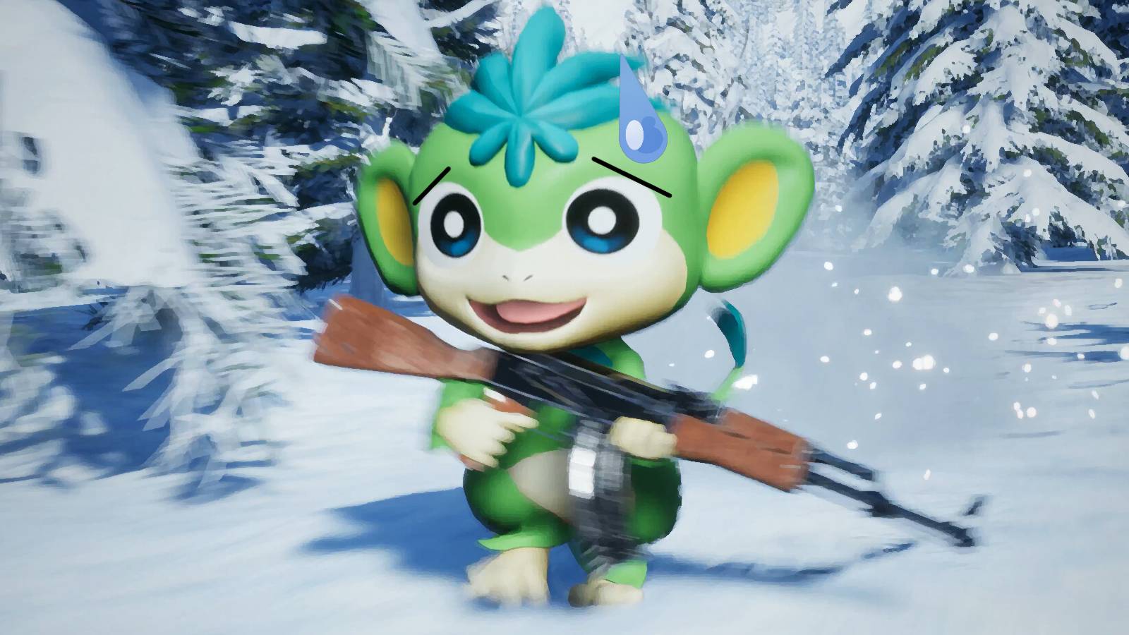 Palworld nervous looking green monkey running with An AK47 through snow