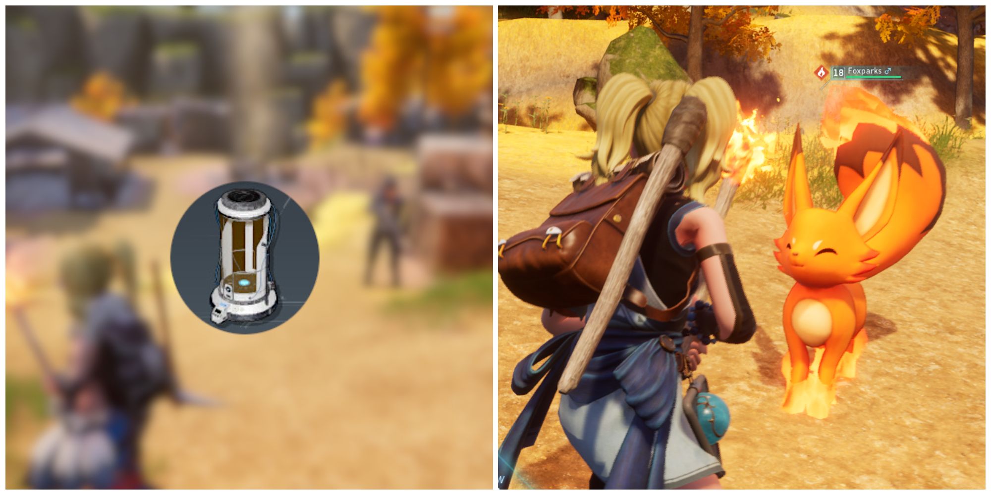 Split image of the Pal Essence Condenser (Pal Distillation Pod) and Foxparks being pet in Palworld