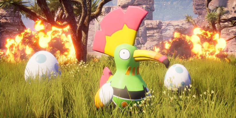 Palworld Pal with explosions in the background