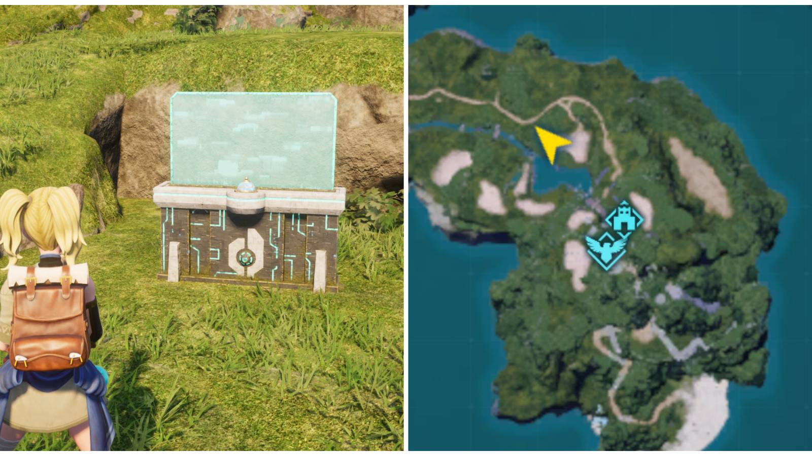 Split image of a character standing in front of a Palbox and an image of the base symbol shown on the map in Palworld