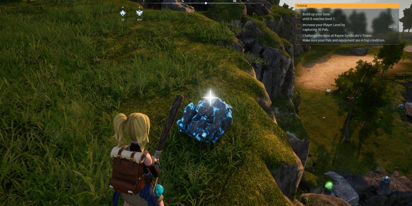 Image of a character standing in front of a Paldium Fragment Rock in Palworld