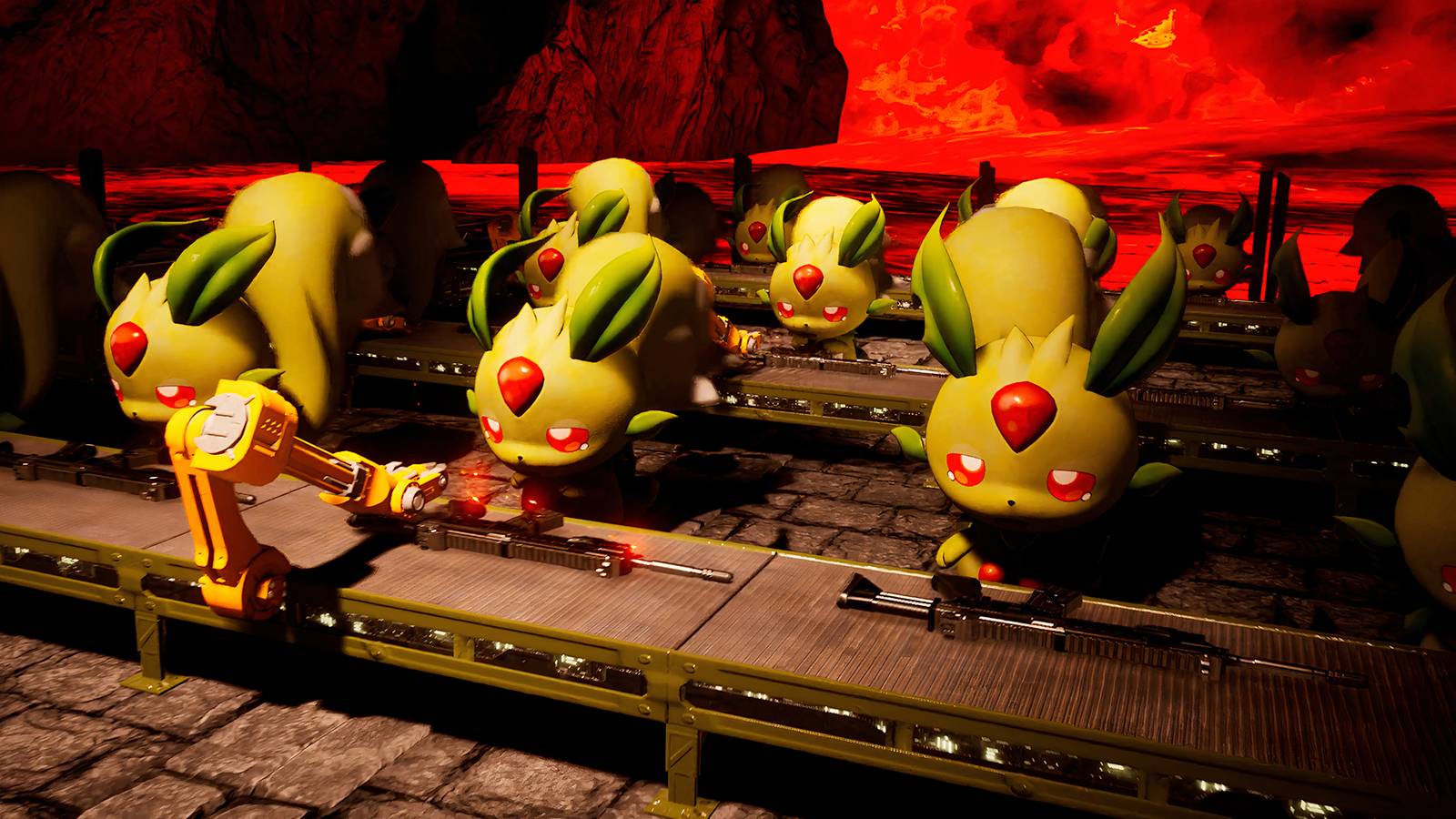 Palworld Pals working on an assembly line