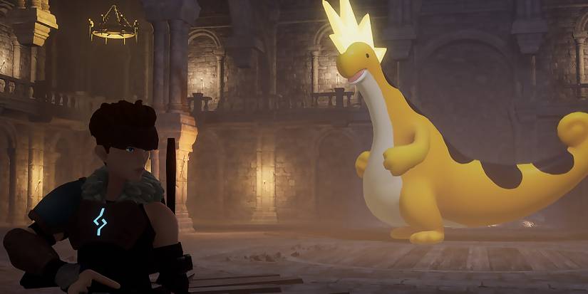 Palworld player facing the Relaxaurus Lux boss