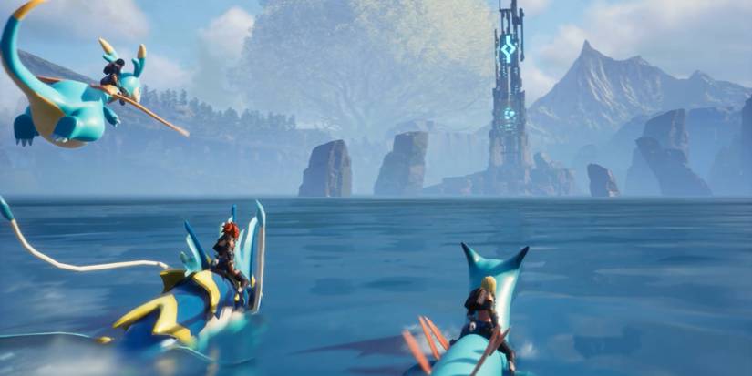 Palworld players riding Pals in water