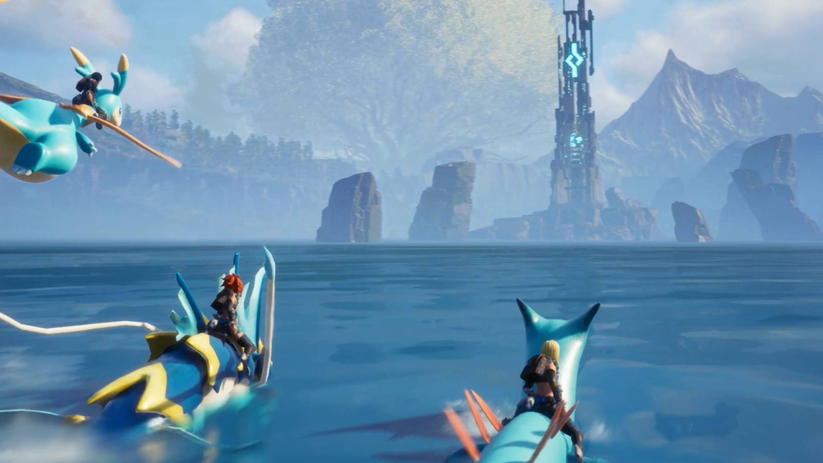 Palworld players riding Pals in water