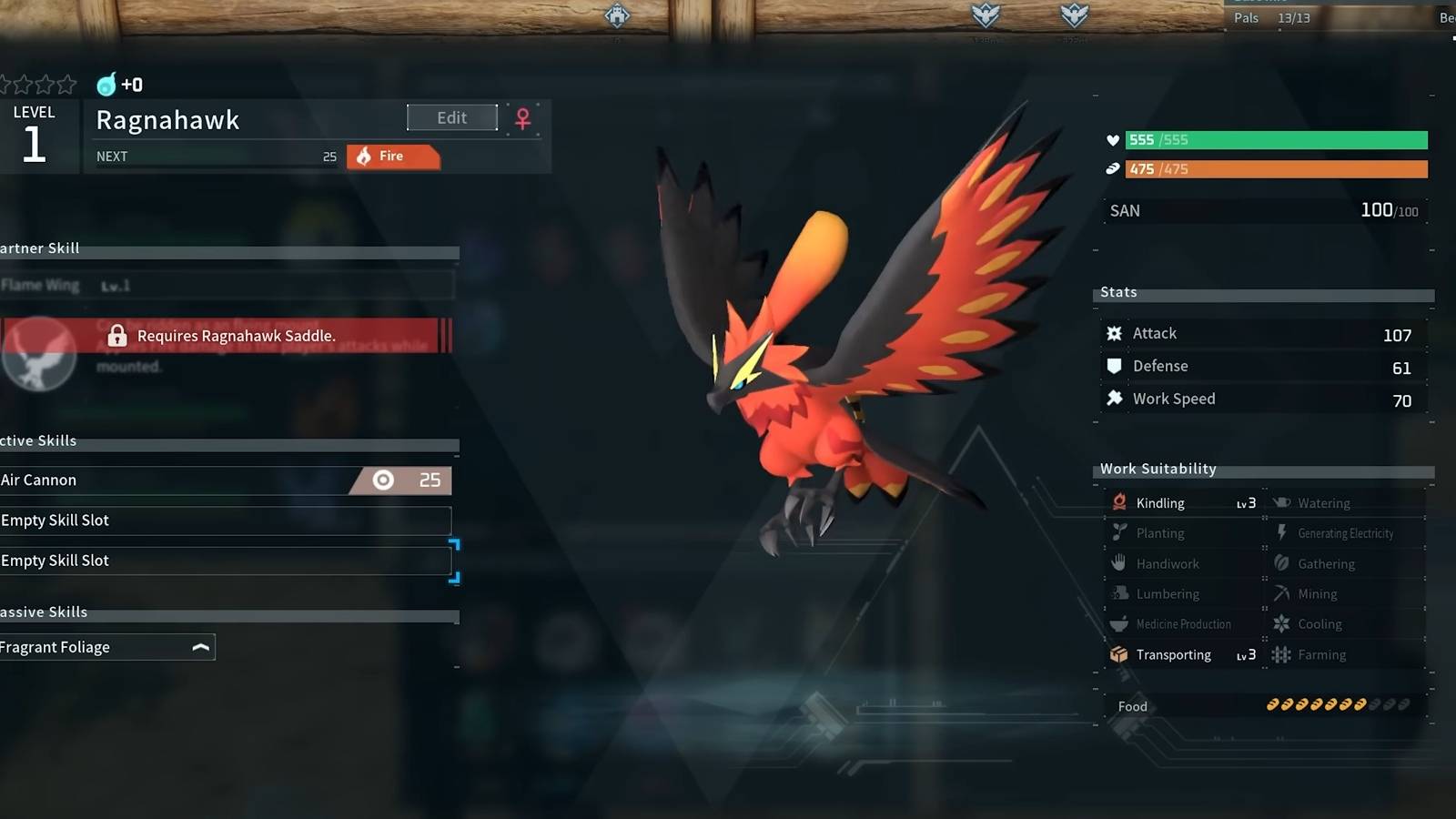 palworld stats of ragnahawk
